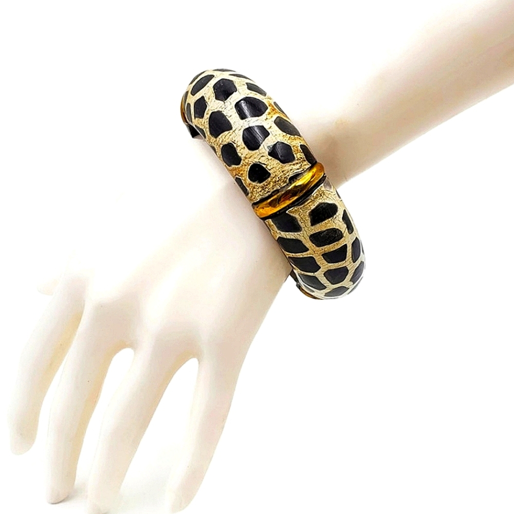 Bahati Leopard Print Horn brass and Wood Bangle UNIQUE Vintage Animal Print l.